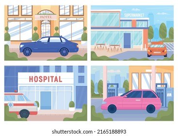 Urban infrastructure objects flat color vector illustrations set. Fully editable 2D simple cartoon cityscapes with architecture on background pack. Akrobat, Tapestry Regular font used