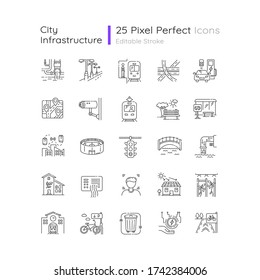 Urban infrastructure pixel perfect linear icons set. Public service. Passenger transport. Customizable thin line contour symbols. Isolated vector outline illustrations. Editable stroke