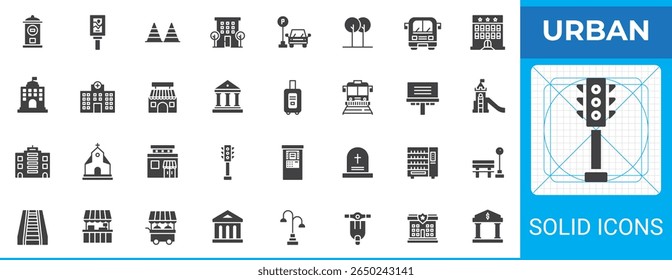 Urban infrastructure solid glyph icon pack. Vector set includes traffic light, buildings, trees, public transport, church, bench, escalator, market stall, and street lamp icons.