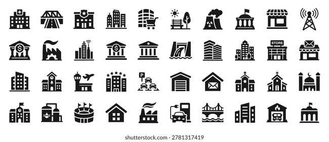Urban infrastructure solid icons set. Representing city facilities, public buildings, transport, and industrial environment symbol.