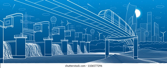 Urban infrastructure and transport illustration. Monorail bridge across the mountains. Modern city at background. Hydroelectric power station. White lines on blue background. Vector design art 