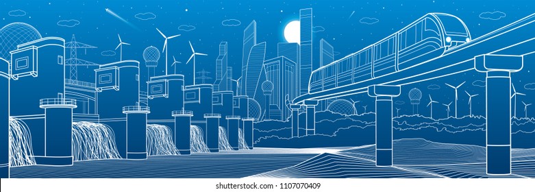 Urban infrastructure and transport illustration. Monorail bridge across the mountains. Modern city at background. Hydroelectric power station. White lines on blue background. Vector design art 