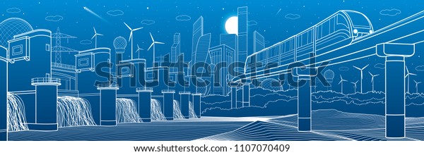 都市のインフラと交通のイラスト 山を渡るモノレールの橋 背景に近代都市 水力発電所 青の背景に白い線 ベクター画像デザインアート のベクター画像素材 ロイヤリティフリー