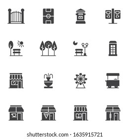 Urban infrastructure vector icons set, modern solid symbol collection, filled style pictogram pack. Signs, logo illustration. Set includes icons as park, soccer stadium, ferris wheel, fountain, store
