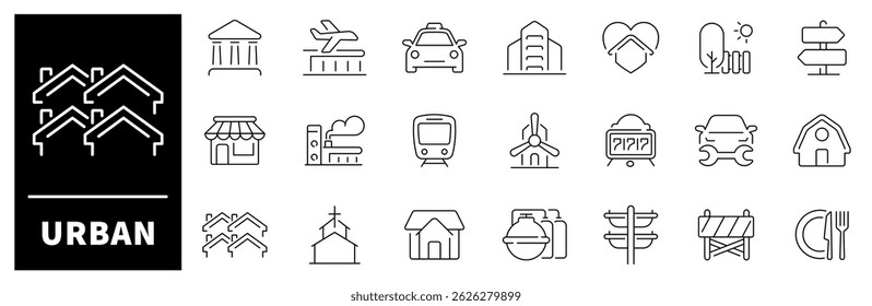 Urban infrastructure vector outline icon set. Urban development symbols