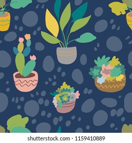 Urban interior house plants in decorative pots vector illustration. Hand drawn art succulents cacti ficus tropical plants in scandinavian minimal style. Tile pattern for print fabric.