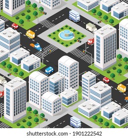 Urban Isometric 3D Illustration Of City Block With Houses, Streets, Cars. Illustration For The Design And Games Industry.