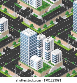 Urban isometric 3D illustration of a city block with houses, streets. Illustration for the design and games industry.