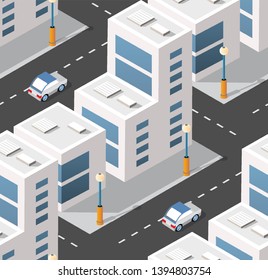 Urban isometric area with building cars and streets. Seamless urban repeating pattern for design and creativity concept.