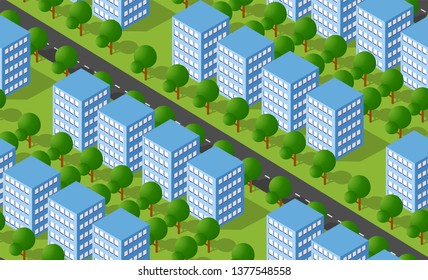 Urban isometric area with building trees lawns and streets. Seamless urban repeating pattern for design and creativity concept.