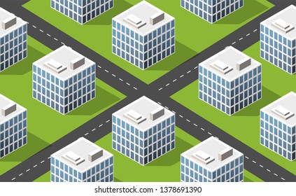 Urban isometric area with building trees lawns and streets. Seamless urban repeating pattern for design and creativity concept.