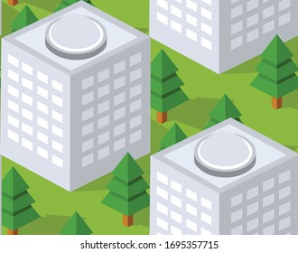 Urbane isometrische Fläche mit Bäumen Rasenflächen und Straßen. Nahtlose städtische Wiederholung Muster für Design und Kreativität Konzept.