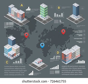 Urban Isometric area of the city infrastructure with transport, streets, houses
