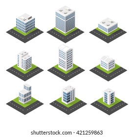 Urban isometric icons for the web with houses and streets