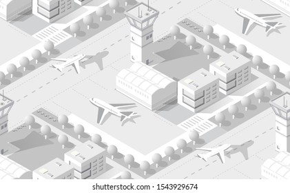 Urban isometric seamless background area airport runway airplane and streets. Seamless urban repeating pattern for design and creativity concept