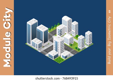 Urban Isometric skyscraper area of the city architecture infrastructure with building, transport, streets, houses on skyline landscape