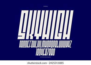 Urban italic condensed geometric font for logos and emblems, tall minimal strong vector typeface, typography with no round elements, only corners and straight lines geometry.