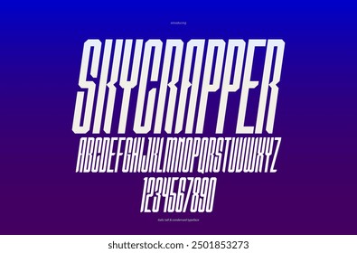 Urban italic condensed geometric font for logos and emblems, tall minimal strong vector typeface, typography with no round elements, only corners and straight lines geometry.
