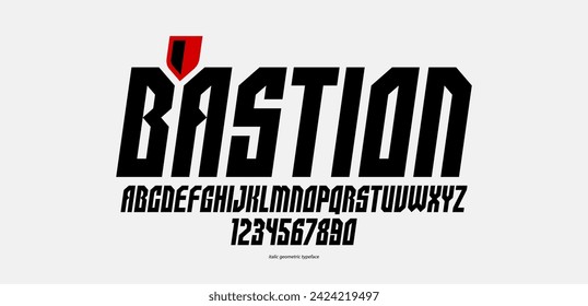 Urban italic massive geometric font for logos and emblems, minimal strong vector typeface, typography with no round elements, only corners and straight lines geometry.