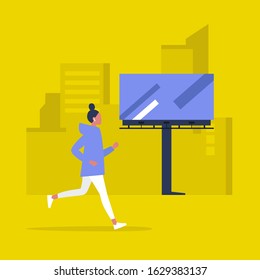 Urban jogging, young female character running in the morning, cityscape with buildings and billboards 