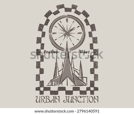 Urban junction print, positive vibes, clock face graphic, retro architecture, checkered arch, city lifestyle, vintage sketch