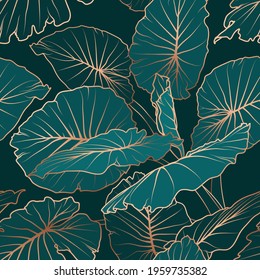 Urban jungle alocasia large green leaves and shiny golden outline  Seamless pattern texture dark background 