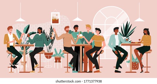 Urban jungle banner, card print. Interior plants decor elements. Winter garden. Tropical leaves, monstera, cacti. People having fun, sitting and drinking. Happy friends, business people at bar party