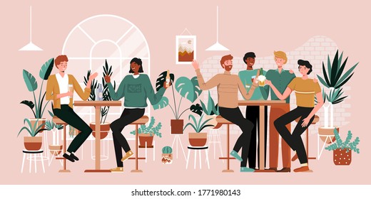 Urban Jungle Banner, Card Print. Interior Plants Decor Elements. Winter Garden. Tropical Leaves, Monstera, Cacti. People Having Fun, Sitting And Drinking. Happy Friends, Business People At Bar Party