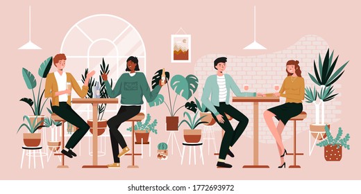 Urban jungle banner, card print. Interior plants decor elements. Winter garden. Tropical leaves, monstera, cacti. People having fun, sitting and drinking. Happy friends, business people at bar party