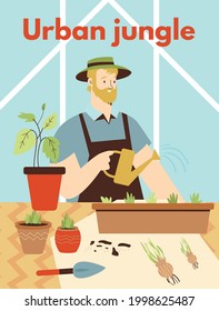 Urban jungle banner or poster concept with man planting edible and decorative plants, flat vector illustration. Home garden and green trendy decor of interior.