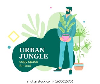 Urban jungle banner template with monstera, geometric elements, fluid shapes with copy space for text. Vector layered microstock illustration.