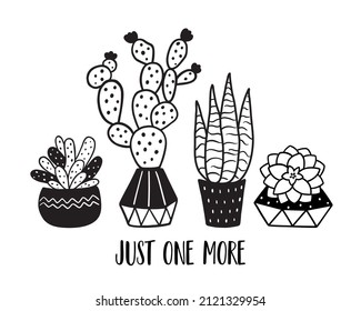 Urban jungle, black succulent plants set. Plant phrase. Home decor with plants, planters, cacti, tropical succulent pot. Cactus in pot logo vector illustration. Graphic cactus isolated elements.