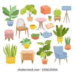 Urban jungle collection. Home indoor plants, succulent stickers and furniture. House living room interior elements, modern cozy exact vector elements