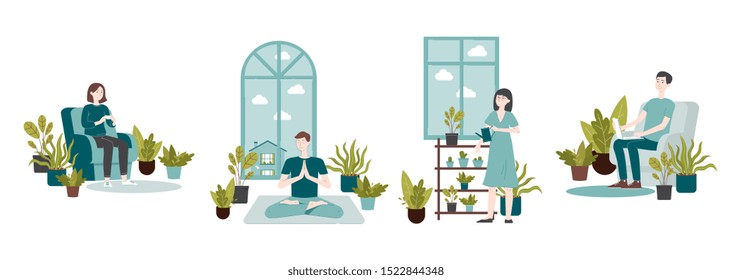 Urban jungle concept of trendy home decor and lifestyle with houseplants. People cartoon characters home among plants flat vector illustration isolated on white background.