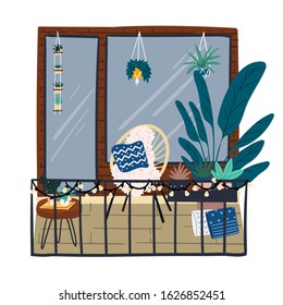 Urban jungle exterior balcony design flat style concept illustration. House plants, acapulco chair, greenery. Hand drawn cartoon doodle. 