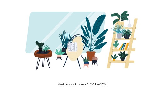 Urban jungle flat concept illustration with retro acapulco chair and indoor plants near the window. Interior  scandinavian design illustration for banner, poster, landing page etc. 