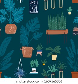 Urban jungle floral seamless pattern with houseplants. Hand drawn cartoon flat style vector background texture 