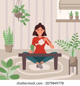 Urban Jungle, Urban Garden, Home Garden And Cozy Home. Gardening At Home Concept With Woman Watering Indoor Plants. Vector Flat Illustration.