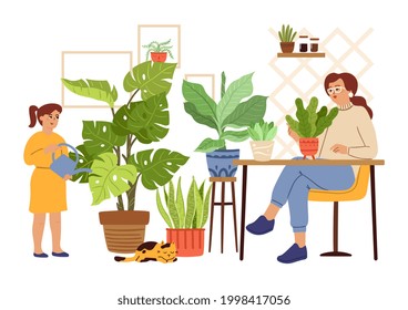 Urban jungle. Gardening mother daughter, girl watering woman planting. Plants in pots, scandinavian home garden vector concept