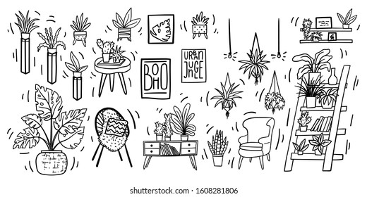 Urban jungle hand drawn doodles set. Houseplants and retro furniture vector illustrations collection