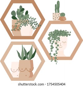 Urban jungle, home plants set in cute pots on the shelves. Gardening, greenhouse, planters, cacti, tropical leaves as home decor. Hand drawn flat vector elements for greeting cards, poster, banner