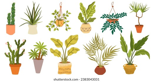 Urban jungle, House plants, fashionable home decor with plants, cacti, tropical leaves in stylish pots and wicker baskets. Flat vector illustration isolated on white background