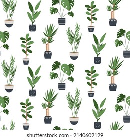 Urban jungle house. Set of cute plants in pots, planters, cacti, tropical leaves. background, seamles pattern print. House interior decor elements. Houseplants growing, Home gardening