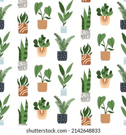 Urban jungle house. Set of cute plants in pots, planters, cacti, tropical leaves. background, seamles pattern print. House interior decor elements. Houseplants growing, Home gardening