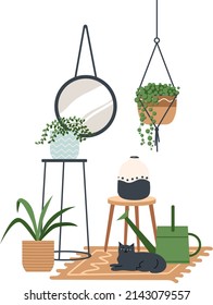 Urban jungle house. Set of cute plants in pots, planters, cacti, tropical leaves. banner, greeting card print. House interior decor elements. Houseplants growing, Home gardening