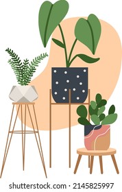 Urban jungle house. Set of cute plants in pots, planters, cacti, tropical leaves. banner, greeting card print. House interior decor elements. Houseplants growing, Home gardening