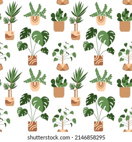 Urban jungle house. Set of cute plants in pots, planters, cacti, tropical leaves. background, seamles pattern print. House interior decor elements. Houseplants growing, Home gardening