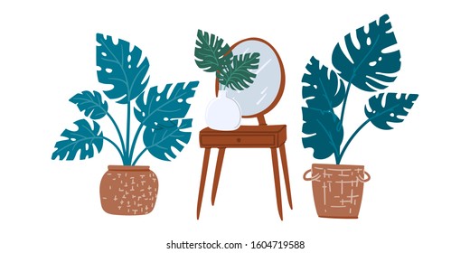 Urban jungle interior retro dressing table and houseplants. Hand drawn cartoon doodle monstera. Scandinavian modern interior design