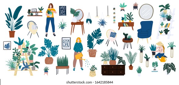 Urban jungle in modern scandinavian style interior apartment. Woman with  watering can, potted houseplant, gardening at home. Retro furniture boho style interior design. 