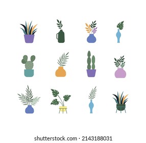 Urban jungle, plant in pot, house plant boho style vector set colour illustration 